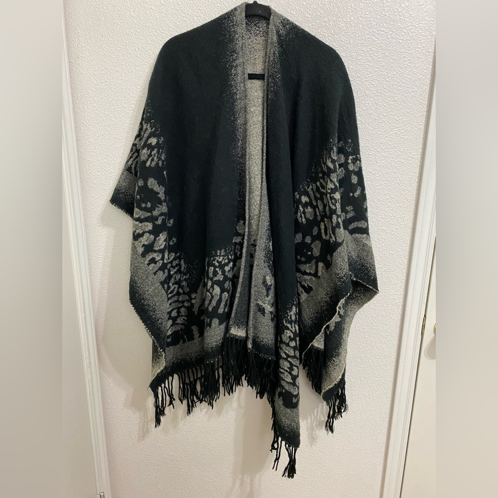 Black & Grey Animal Printed Fringed Poncho, OSFA